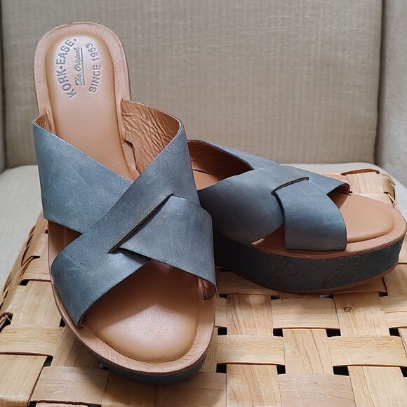 Kork-Ease Sabrina Blue Leather Criss Cross Platform Wedge Sandals - Picture 9 of 10